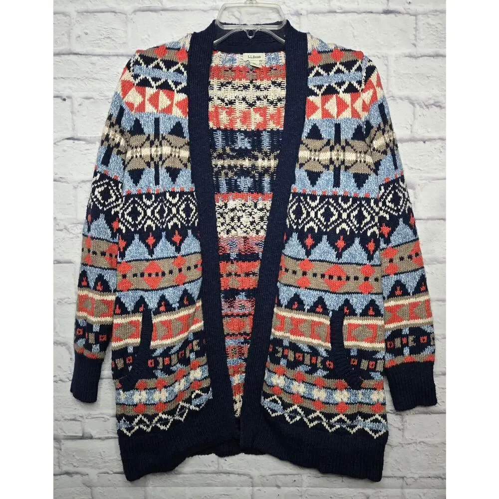 L.L.BEAN women's cotton fair isle western Aztec print knit cardigan MP.
